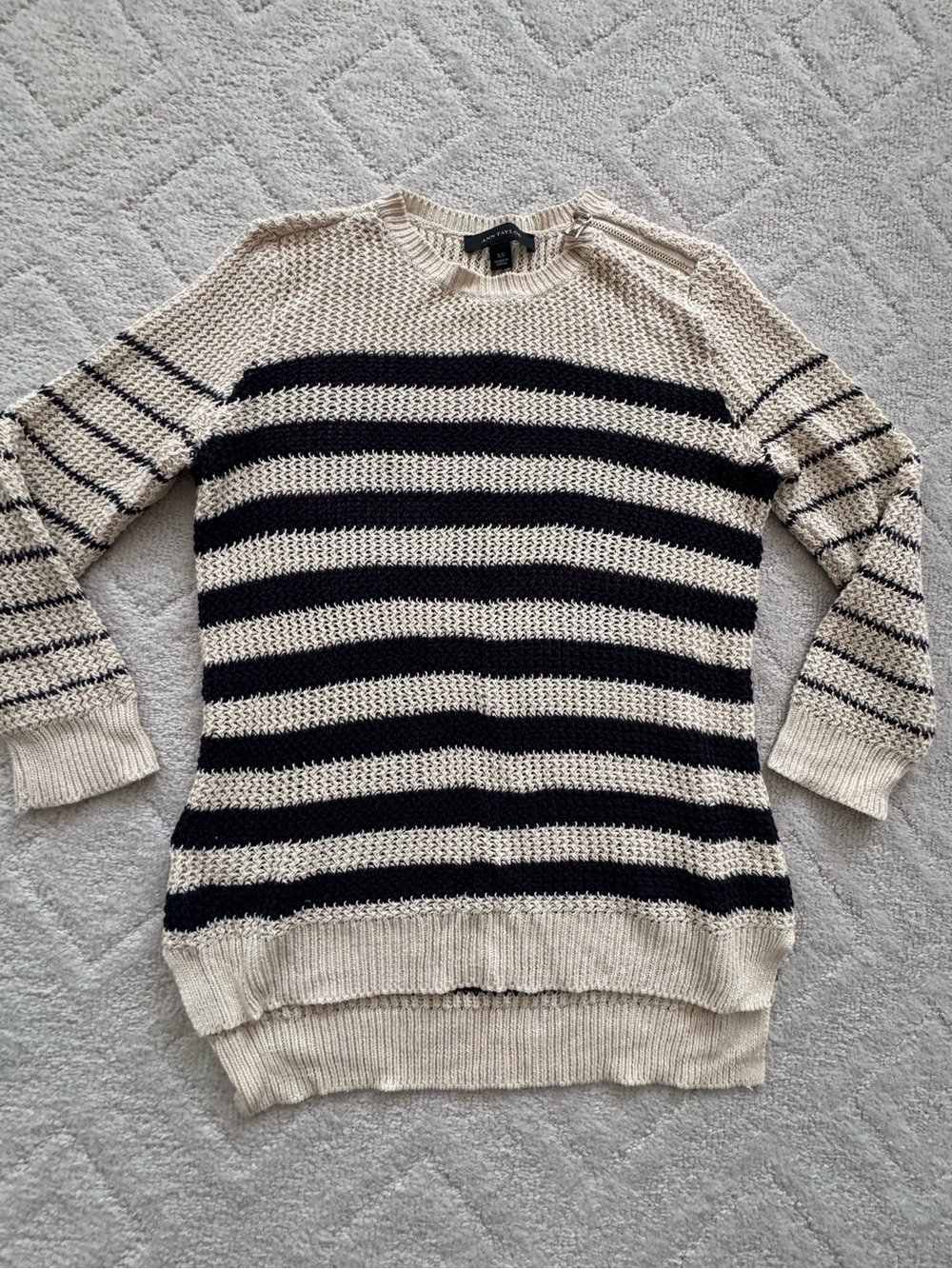 Ann Taylor Striped Knit Crewneck Sweater - Cream & Black/XS